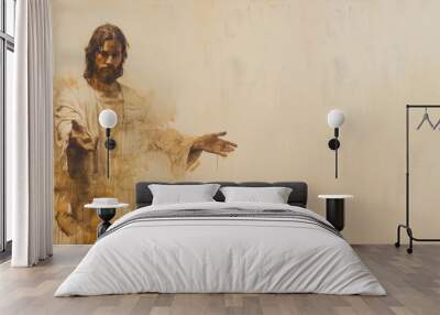 Brown watercolor painting of Jesus Christ reach out hand welcoming his people Wall mural