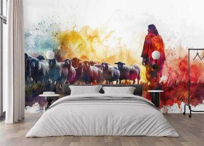 Colorful splash watercolor painting of Jesus Christ grazing sheep Wall mural