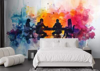 Colorful watercolor paint of group people discussion on business meeting Wall mural