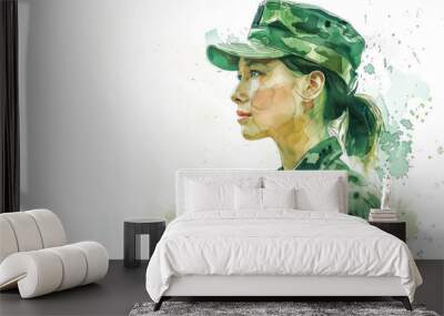 Green watercolor painting of a military personnel, army woman Wall mural