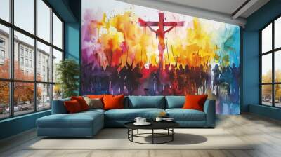 Jesus Christ on cross surrounded by crowd people, colorful watercolor Wall mural