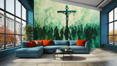 Jesus Christ on cross surrounded by crowd people, green watercolor Wall mural