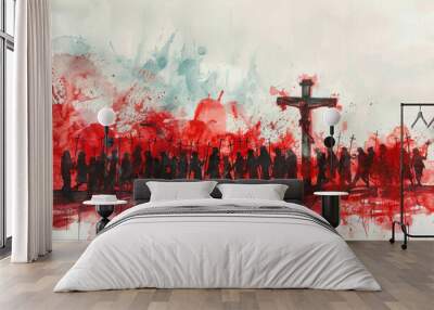 Jesus Christ on cross surrounded by crowd people, red watercolor Wall mural