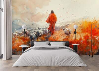 Orange splash watercolor painting of Jesus Christ grazing sheep Wall mural