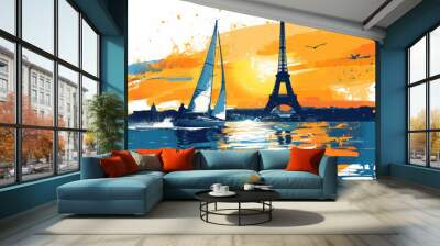 Orange watercolor paint of sailor athlete on race boat by eiffel tower Wall mural