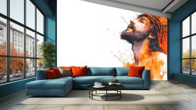 Orange watercolor painting of Crucifixion of Jesus Christ Wall mural