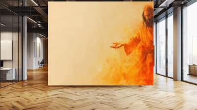 Orange watercolor painting of Jesus Christ reach out hand welcoming his people Wall mural