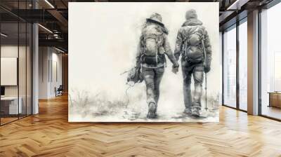 Pencil Sketch art of a couple hiking in forest, adventure Wall mural