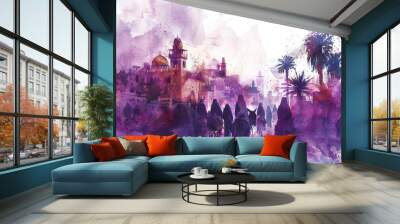 Pink watercolor of Jesus riding a donkey to Jerusalem, palm sunday Wall mural