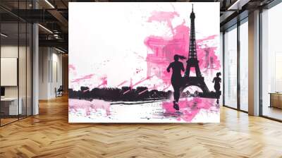 Pink watercolor paint of runners athlete exercise by eiffel tower Wall mural