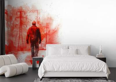 Red watercolor paint of an engineer work on high voltage electricity network Wall mural