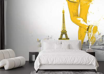 Yellow illustration of woman legs running sport at Eiffel Tower Paris Wall mural