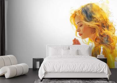 Yellow watercolor paint of A girl bowing her head in prayer to God Wall mural