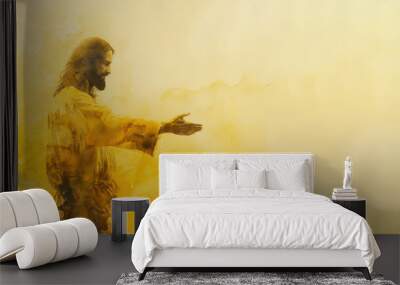 Yellow watercolor painting of Jesus Christ reach out hand welcoming his people Wall mural