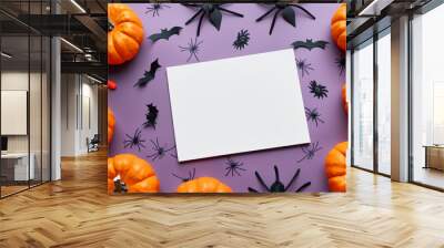 Halloween card with spiders and pumpkins on a purple background Wall mural