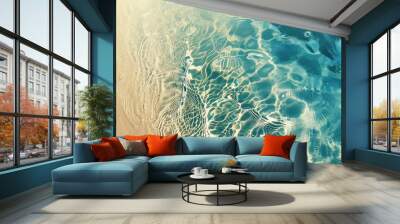 abstract sand beach from above with light blue transparent water wave and sun lights, summer vacation background concept banner with copy space, natural beauty spa outdoors Wall mural