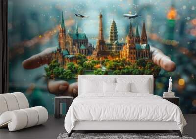 Building, town and city with airplane on hands, Travel Concept Wall mural