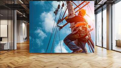 Electrical worker working on a power pole Wall mural