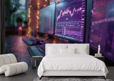 Futuristic stock and crypto trading exchange scene with charts, numbers and world trading map displayed on multi screens Wall mural