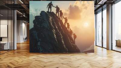 Group of people on peak mountain climbing helping team work , travel trekking success business concept Wall mural