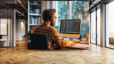 Young male programmer writing program code sitting at the workplace with in the office Wall mural