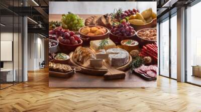 a colorful array of savory snacks displayed on a wooden table generative ai Wall mural