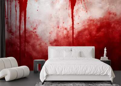 A white wall bearing red paint splatters; two clocks flank its sides Wall mural