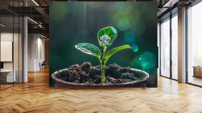 A young plant with a diamond bud in a pot, symbolizing nurturing new, valuable business growth and investments for a bright future Wall mural