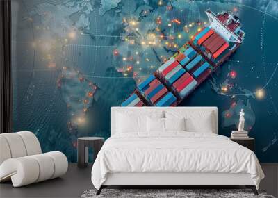 AI and global logistics concept with world map, supply chain network, and container ship for import-export Wall mural