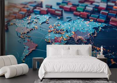 AI and global logistics concept with world map, supply chain network, and container ship for import-export Wall mural