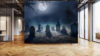 ai generated image of a mysterious dark cemetery at halloween night Wall mural