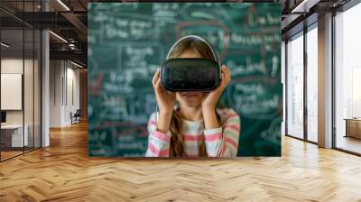 Back to school with a schoolchild using a virtual reality headset in class. Funny kid against blackboard having fun with VR glasses. Innovation in technology and education concept Wall mural