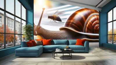 cartoon inspired visual of a snail competing in a race against faster insects exaggerated motion lines showing surprising speed Wall mural