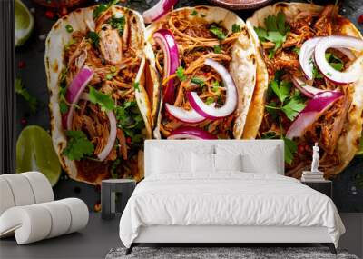 Classic Mexican tacos de cochinita pibil with pulled pork, overhead view Wall mural