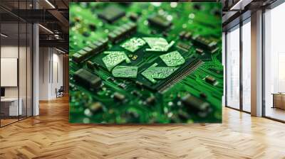 Concept of green technology. Green recycle symbol on a circuit board representing technological innovations. Environmental Green Technology Computer Chip. Green Computing, Green Technology Wall mural