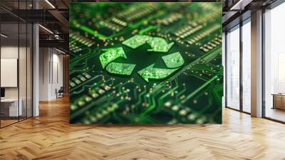 Concept of green technology. Green recycle symbol on a circuit board representing technological innovations. Environmental Green Technology Computer Chip. Green Computing, Green Technology Wall mural