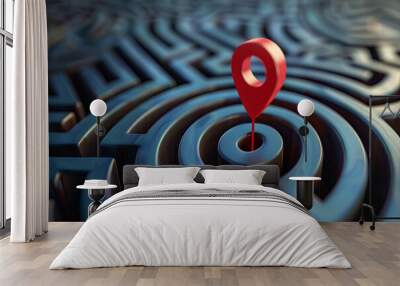 Conceptual image of a red location pin in the center of a complex three-dimensional maze or labyrinth, representing the challenge of finding one's goal in life and business Wall mural