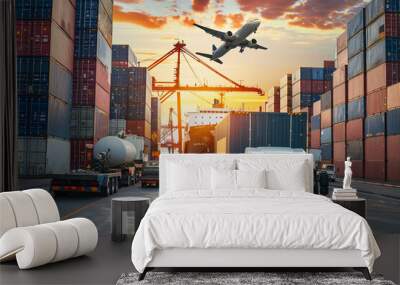 Container truck, ship in port, and freight cargo plane involved in transport and import-export commercial logistics, concept of shipping business industry Wall mural