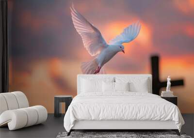 Divine representation of the Holy Spirit as a Dove with wings spread, soaring before a cross at dusk, embodying Christian beliefs Wall mural