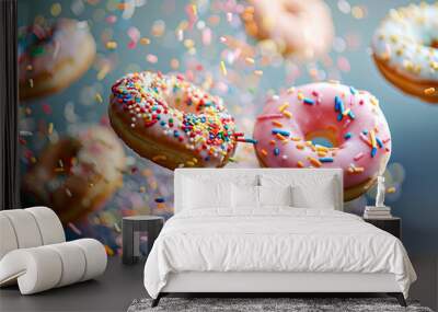 Donuts with colorful sprinkles floating in the air Wall mural