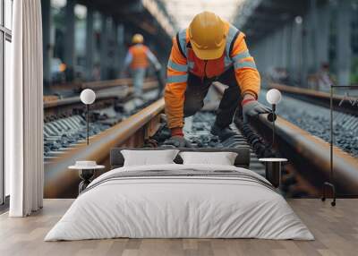 Engineer inspecting railway tracks, construction worker on railways Wall mural