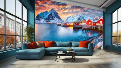 fantastic evening cityscape of nusfjord town norway europe great sunset on lofoten island archipelago fabulous winter seascape of norwegian sea life over polar circle Wall mural