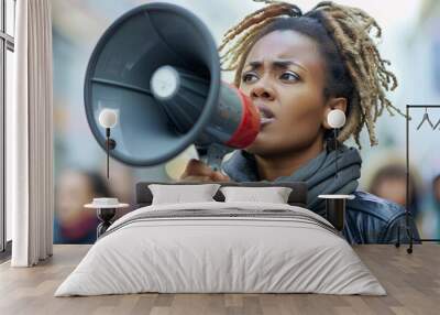 Female activist passionately using a megaphone to protest and advocate for social justice and change Wall mural