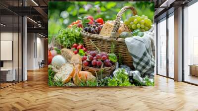 Fresh and wholesome food items from a picnic basket, artfully arranged on lush grass in a garden setting Wall mural