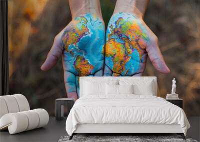 Hands painted with a map. Concept of holding the world in our hands Wall mural