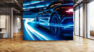 Long exposure shot of blue car lights at night Wall mural