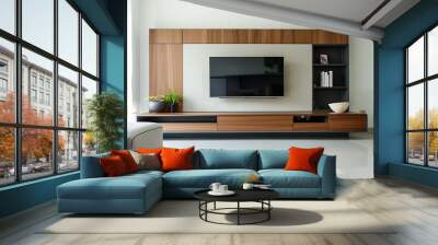 Modern interior with a cabinet for TV against a white wall Wall mural