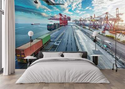 Panoramic view of transport and logistics concept by truck, boat, and plane Wall mural