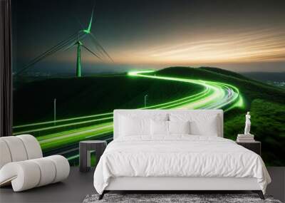 Rows of wind turbines on a sprawling meadow at sunset, producing clean energy and enhancing the natural scenery. Wall mural