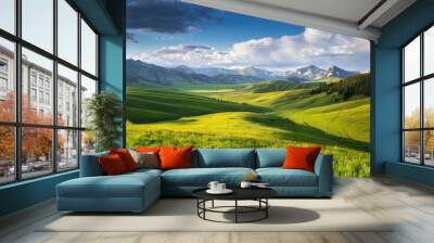 spring or summer landscape with mountains green fields and wild land of montana Wall mural